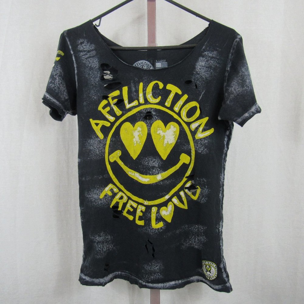 Affliction Black Distressed Short Sleeve Tee with Yellow Graphic
